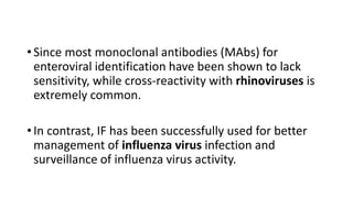 • Since most monoclonal antibodies (MAbs) for
enteroviral identification have been shown to lack
sensitivity, while cross-reactivity with rhinoviruses is
extremely common.
• In contrast, IF has been successfully used for better
management of influenza virus infection and
surveillance of influenza virus activity.
 