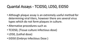 Quantal Assays - TCID50, LD50, EID50
• Although plaque assay is an extremely useful method for
determining viral titers, however there are several virus
types which do not form plaques in culture.
• Alternative procedures such as
• TCID50, (Tissue culture infectious dose)
• LD50, (Lethal dose)
• EID50 (Embryo Infectious Dose )
 