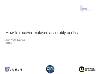 How to recover malware assembly codes
Jean-Yves Marion

LORIA

!
 