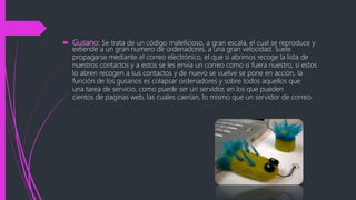  Gusano: Se trata de un código maleficioso, a gran escala, el cual se reproduce y
extiende a un gran numero de ordenadores, a una gran velocidad. Suele
propagarse mediante el correo electrónico, el que si abrimos recoge la lista de
nuestros contactos y a estos se les envía un correo como si fuera nuestro, si estos
lo abren recogen a sus contactos y de nuevo se vuelve se pone en acción, la
función de los gusanos es colapsar ordenadores y sobre todos aquellos que
una tarea de servicio, como puede ser un servidor, en los que pueden
cientos de paginas web, las cuales caerían, lo mismo que un servidor de correo.
 