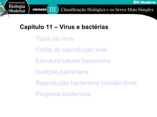 Tipos de vírus Ciclos de reprodução viral Estrutura celular bacteriana Nutrição bacteriana Reprodução bacteriana (divisão binária / esporulação) Filogenia bacteriana Capítulo 11 – Vírus e bactérias 