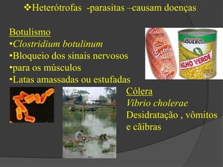 Heterótrofas -parasitas –causam doenças 
Botulismo 
•Clostridium botulinum 
•Bloqueio dos sinais nervosos 
•para os músculos 
•Latas amassadas ou estufadas 
Cólera 
Vibrio cholerae 
Desidratação , vômitos 
e cãibras 
 