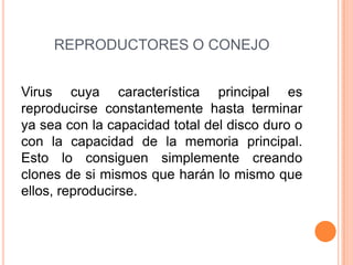 REPRODUCTORES O CONEJO
Virus cuya característica principal es
reproducirse constantemente hasta terminar
ya sea con la capacidad total del disco duro o
con la capacidad de la memoria principal.
Esto lo consiguen simplemente creando
clones de si mismos que harán lo mismo que
ellos, reproducirse.
 
