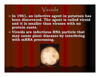 Viroids
In 1961, an infective agent in potatoes has
been discovered. The agent is called viroid
and it is smaller than viruses with no
protein coats.
Viroids are infectious RNA particle that
may cause plant diseases by interfering
with mRNA processing.
 