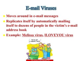 E-mail Viruses
 Moves around in e-mail messages
 Replicates itself by automatically mailing
  itself to dozens of people in the victim’s e-mail
  address book
 Example: Melissa virus, ILOVEYOU virus
 
