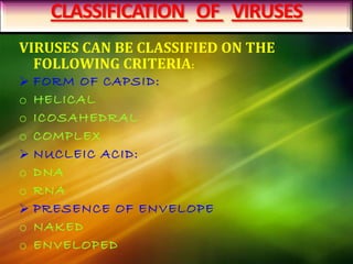 VIRUSES CAN BE CLASSIFIED ON THE
FOLLOWING CRITERIA:
 FORM OF CAPSID:
o HELICAL
o ICOSAHEDRAL
o COMPLEX
 NUCLEIC ACID:
o DNA
o RNA
 PRESENCE OF ENVELOPE
o NAKED
o ENVELOPED
 