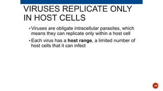 Viruses are obligate intracellular parasites, which
means they can replicate only within a host cell
Each virus has a host range, a limited number of
host cells that it can infect
25
 