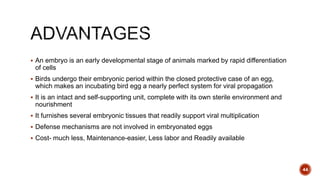  An embryo is an early developmental stage of animals marked by rapid differentiation
of cells
 Birds undergo their embryonic period within the closed protective case of an egg,
which makes an incubating bird egg a nearly perfect system for viral propagation
 It is an intact and self-supporting unit, complete with its own sterile environment and
nourishment
 It furnishes several embryonic tissues that readily support viral multiplication
 Defense mechanisms are not involved in embryonated eggs
 Cost- much less, Maintenance-easier, Less labor and Readily available
44
 