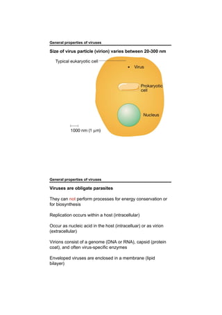 General properties of viruses
Size of virus particle (virion) varies between 20-300 nm
General properties of viruses
Viruses are obligate parasites
They can not perform processes for energy conservation or
for biosynthesis
Replication occurs within a host (intracellular)
Occur as nucleic acid in the host (intracelluar) or as virion
(extracellular)
Virions consist of a genome (DNA or RNA), capsid (protein
coat), and often virus-specific enzymes
Enveloped viruses are enclosed in a membrane (lipid
bilayer)
 