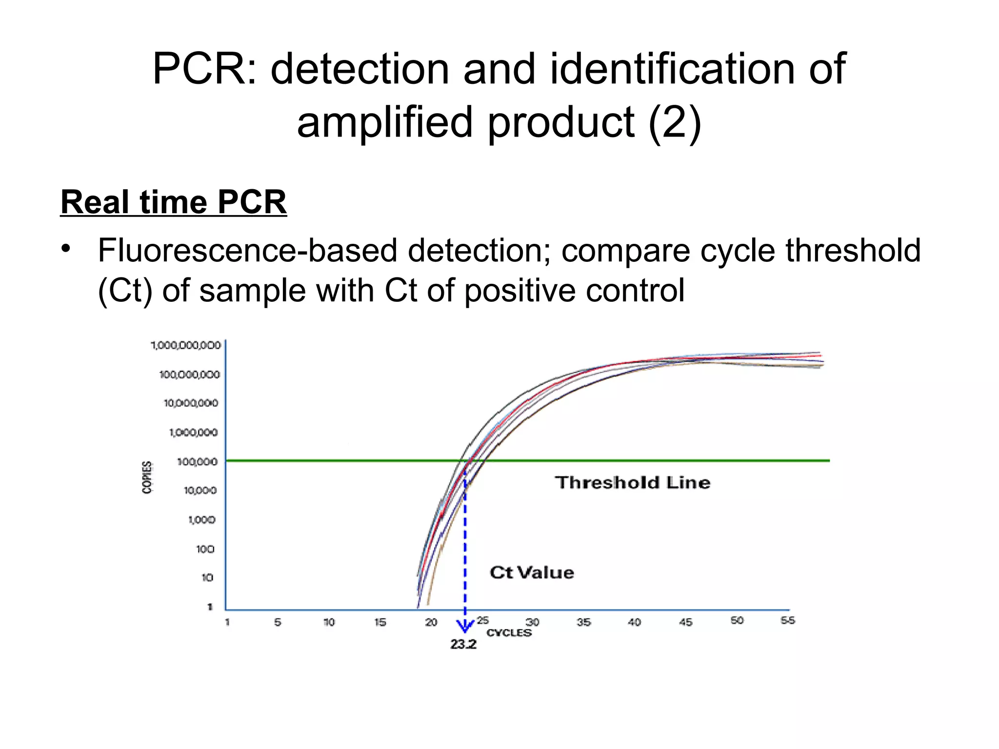PCR: detection and identification of
amplified product (2)
Real time PCR
• Fluorescence-based detection; compare cycle threshold
(Ct) of sample with Ct of positive control
 