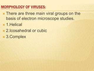 MORPHOLOGY OF VIRUSES:
 There are three main viral groups on the
basis of electron microscope studies.
 1.Helical
 2.Icosahedral or cubic
 3.Complex
 