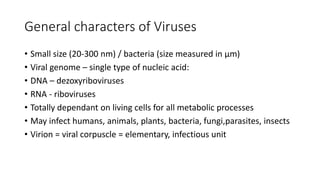 General characters of Viruses
• Small size (20-300 nm) / bacteria (size measured in μm)
• Viral genome – single type of nucleic acid:
• DNA – dezoxyriboviruses
• RNA - riboviruses
• Totally dependant on living cells for all metabolic processes
• May infect humans, animals, plants, bacteria, fungi,parasites, insects
• Virion = viral corpuscle = elementary, infectious unit
 