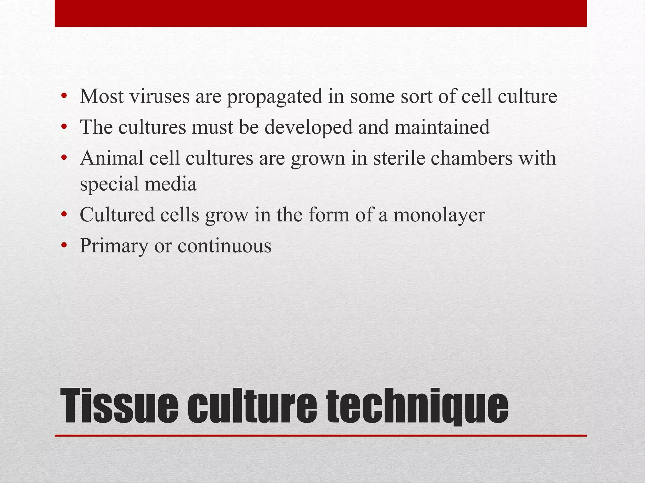 Tissue culture technique
• Most viruses are propagated in some sort of cell culture
• The cultures must be developed and maintained
• Animal cell cultures are grown in sterile chambers with
special media
• Cultured cells grow in the form of a monolayer
• Primary or continuous
 