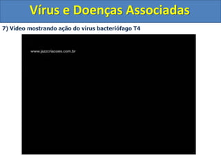 Vírus e Doenças Associadas7) Ciclo LisogênicoO processo é semelhante ao ciclo lítico, porém o DNA do fago se insere ao DNA bacteriano.O vírus é agora chamado de profago.Toda vez que a bactéria replicar seu cromossomo o DNA do profago também é replicado, permanecendo latente nas células filhas.Genoma viralGenoma viralPorém, o DNA viral pode ser removido do cromossomo bacteriano e iniciar um ciclo líticoCromossomo bacterianoGenoma viralNo ciclo lisogênico as células não morrem e os vírus neste caso são chamados de temperados.Ciclo Lítico