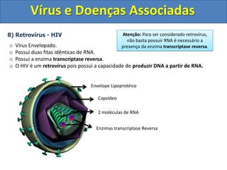 Vírus e Doenças AssociadasCiclo Lítico e LisogênicoOcasionalmente, o profago solta-se do cromossomo bacteriano e inicia um ciclo líticoDNA do fagoAs sucessivas divisões celulares geram uma população de bactérias portadoras do profagoCromossomo bacterianoCiclo lisogênicoCiclo líticoA célula é lisada liberando os fagosOuGenoma viralA bactéria se reproduz normalmente, copiando o profago e transmitindo-o às células-filhasO fago multiplica-se na bactéria hospedeira