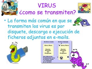 VIRUS
¿como se transmiten?
• La forma más común en que se
transmiten los virus es por
disquete, descarga o ejecución de
ficheros adjuntos en e-mails.
 