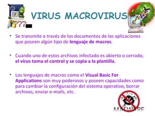 • Se transmite a través de los documentos de las aplicaciones
que poseen algún tipo de lenguaje de macros.
• Cuando uno de estos archivos infectado es abierto o cerrado,
el virus toma el control y se copia a la plantilla.
• Los lenguajes de macros como el Visual Basic For
Applications son muy poderosos y poseen capacidades como
para cambiar la configuración del sistema operativo, borrar
archivos, enviar e-mails, etc.
VIRUS MACROVIRUS
 