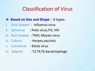 Classification of Virus
☆ Based on Size and Shape : 6 types-
i. Oval shaped : Influenza virus
ii. Spherical : Polio virus,TIV, HIV
iii. Rod-shaped : TMV, Mosaic virus
iv. Cubical : Herpes,vaccinia
v. Cylindrical : Ebola virus
vi. Tadpole : T2,T4,T6 bacteriophage
 