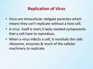 Replication of Virus
• Virus are intracellular obligate parasites which
means they can't replicate without a host cell.
• A virus itself is inert,it lacks needed components
that a cell have to reproduce.
• When a virus infects a cell, it marshals the cells
ribosome, enzymes & much of the cellular
machinery to replicate.
 