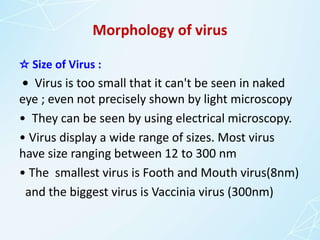 Morphology of virus
☆ Size of Virus :
• Virus is too small that it can't be seen in naked
eye ; even not precisely shown by light microscopy
• They can be seen by using electrical microscopy.
• Virus display a wide range of sizes. Most virus
have size ranging between 12 to 300 nm
• The smallest virus is Footh and Mouth virus(8nm)
and the biggest virus is Vaccinia virus (300nm)
 