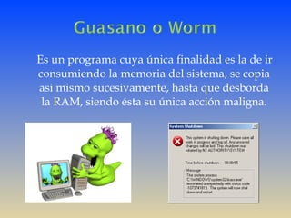 Es un programa cuya única finalidad es la de ir
consumiendo la memoria del sistema, se copia
asi mismo sucesivamente, hasta que desborda
la RAM, siendo ésta su única acción maligna.
 