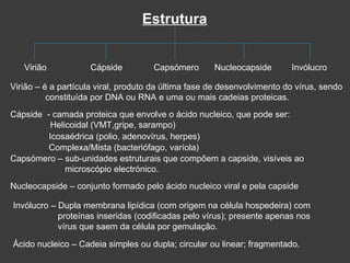 Estrutura Virião Cápside Capsómero Nucleocapside Invólucro Cápside  - camada proteica que envolve o ácido nucleico, que pode ser:    Helicoidal (VMT,gripe, sarampo)‏ Icosaédrica (polio, adenovírus, herpes)‏ Complexa/Mista (bacteriófago, varíola)‏ Invólucro – Dupla membrana lipídica (com origem na célula hospedeira) com      proteínas inseridas (codificadas pelo vírus); presente apenas nos      vírus que saem da célula por gemulação. Ácido nucleico – Cadeia simples ou dupla; circular ou linear; fragmentado. Capsómero – sub-unidades estruturais que compõem a capside, visíveis ao    microscópio electrónico. Virião – é a partícula viral, produto da última fase de desenvolvimento do vírus, sendo  constituída por DNA ou RNA e uma ou mais cadeias proteicas. Nucleocapside – conjunto formado pelo ácido nucleico viral e pela capside 