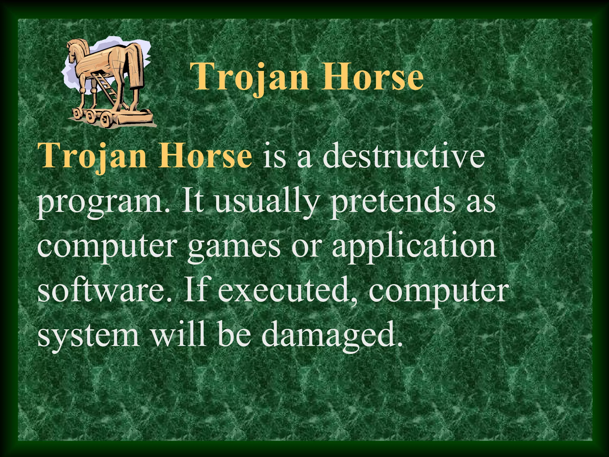 Trojan Horse
Trojan Horse is a destructive
program. It usually pretends as
computer games or application
software. If executed, computer
system will be damaged.
 
