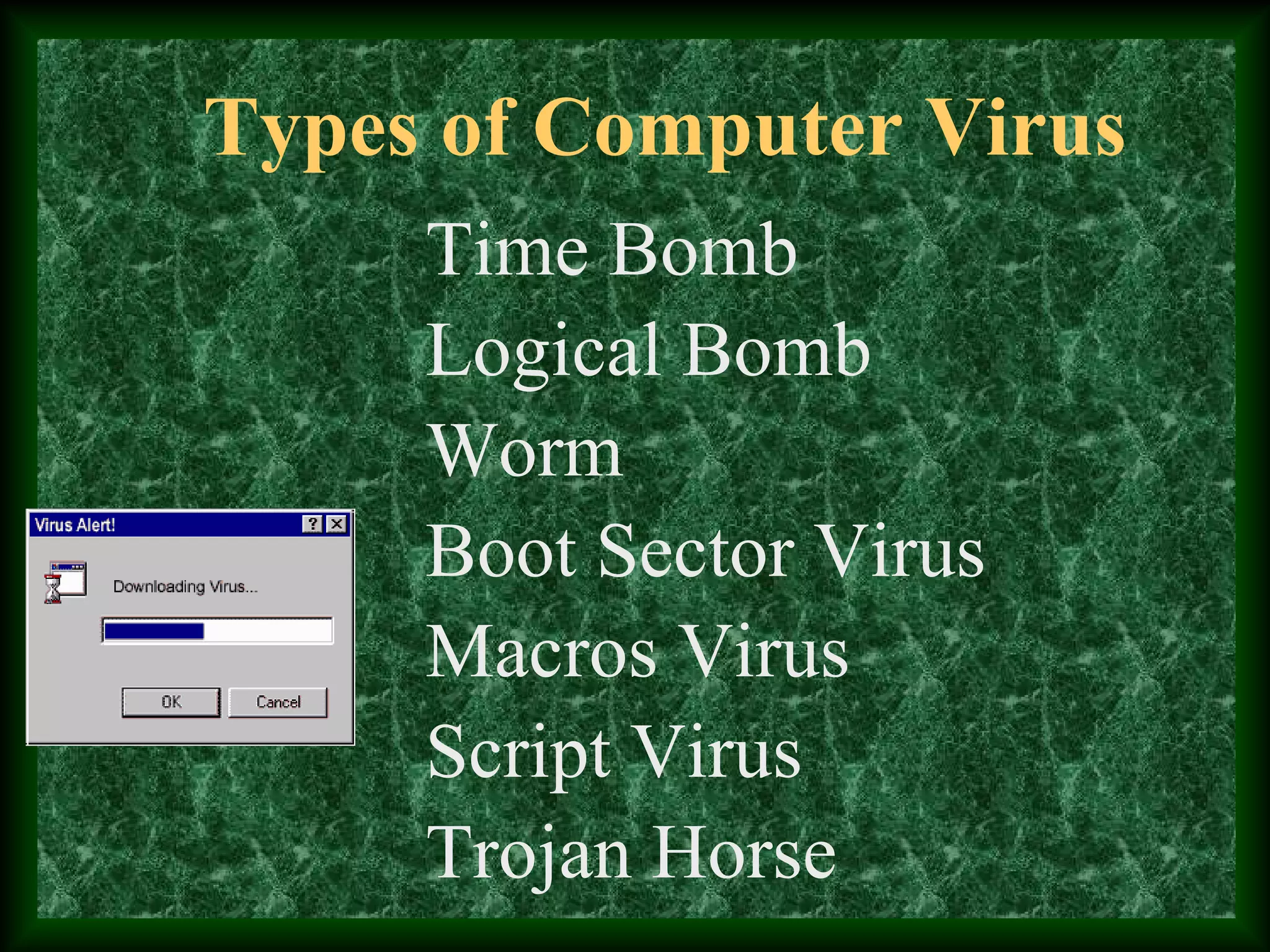 Types of Computer Virus
Time Bomb
Logical Bomb
Worm
Boot Sector Virus
Macros Virus
Trojan Horse
Script Virus
 