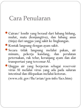 Cara Penularan
Cairan/ lendir yang berasal dari lubang hidung,
mulut, mata (konjungtiva), dan lubang anus
(tinja) dari unggas yang sakit ke lingkungan.
Kontak langsung dengan ayam sakit.
Secara tidak langsung melalui pakan, air
minum, pekerja kandang, dan peralatan
peternakan, rak telur, keranjang ayam dan alat
transportasi yang tercemar AI.
Unggas air yang berperan sebagai reservoir
virus AI melalui virus yang ada pada saluran
intestinal dan dilepaskan melalui kotoran.
(www.cdc.gov/flu/avian/gen-info/facs.htm)
 