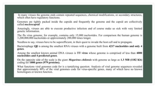 • In many viruses the genome ends contain repeated sequences, chemical modifications, or secondary structures,
which often have regulatory functions.
• Genomes are tightly packed inside the capsids and frequently the genome and the capsid are collectively
called nucleocapsid.
• Amazingly, viruses are able to execute productive infection and of course make us sick with very limited
genetic information.
• The flu virus genome, for example, contains only 15,000 nucleotides. For comparison the human genome is
3,200,000,000 nucleotides or approximately 200,000 times longer.
• Needless to say, viruses have to be superefficient, in their quest to invade the host cell and to propagate.
• Bacteriophage Qβ is among the smallest RNA viruses with a genome built from 4217 nucleotides and only 4
genes.
• Among the smallest known animal DNA viruses is TT virus whose genome is comprised of less than 4000
nucleotides and 4 predicted genes.
• On the opposite side of the scale is the giant Megavirus chilensis with genome as large as 1.3 MB (1182 Kb)
coding for 1000 genes (979 proteins).
• What functions viral genomes code for is a tantalizing question. Analysis of viral genome sequences revealed
that approximately 80% of the viral genomes code for virus-specific genes, many of which have no known
homologues or known function.
 