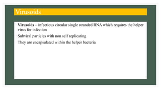 Virusoids
• Virusoids – infectious circular single stranded RNA which requires the helper
virus for infection
• Subviral particles with non self replicating
• They are encapsulated within the helper bacteria
 