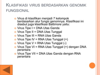 KLASIFIKASI VIRUS BERDASARKAN GENOMIK
FUNGSIONAL
 Virus di klasifikan menjadi 7 kelompok
berdasarkan alur fungsi genomnya. Klasifikasi ini
disebut juga klasifikasi Baltimore yaitu:
 Virus Tipe I = DNA Utas Ganda
 Virus Tipe II = DNA Utas Tunggal
 Virus Tipe III = RNA Utas Ganda
 Virus Tipe IV = RNA Utas Tunggal (+)
 Virus Tipe V = RNA Utas Tunggal (-)
 Virus Tipe VI = RNA Utas Tunggal (+) dengan DNA
perantara
 Virus Tipe VII = DNA Utas Ganda dengan RNA
perantara
 