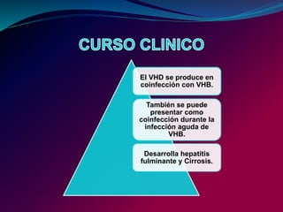 El VHD se produce en
coinfección con VHB.
También se puede
presentar como
coinfección durante la
infección aguda de
VHB.
Desarrolla hepatitis
fulminante y Cirrosis.
 