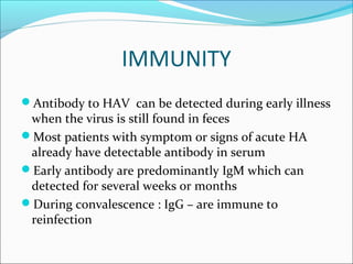 IMMUNITY
Antibody to HAV can be detected during early illness
when the virus is still found in feces
Most patients with symptom or signs of acute HA
already have detectable antibody in serum
Early antibody are predominantly IgM which can
detected for several weeks or months
During convalescence : IgG – are immune to
reinfection
 