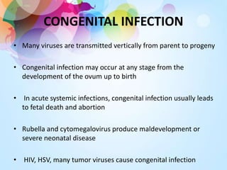 CONGENITAL INFECTION
• Many viruses are transmitted vertically from parent to progeny
• Congenital infection may occur at any stage from the
development of the ovum up to birth
• In acute systemic infections, congenital infection usually leads
to fetal death and abortion
• Rubella and cytomegalovirus produce maldevelopment or
severe neonatal disease
• HIV, HSV, many tumor viruses cause congenital infection
 
