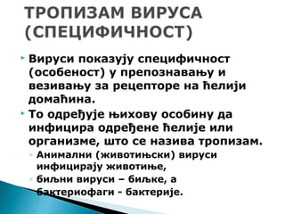  Вируси показују специфичност
(особеност) у препознавању и
везивању за рецепторе на ћелији
домаћина.
 То одређује њихову особину да
инфицира одређене ћелије или
организме, што се назива тропизам.
◦ Анимални (животињски) вируси
инфицирају животиње,
◦ биљни вируси – биљке, а
◦ бактериофаги - бактерије.
 