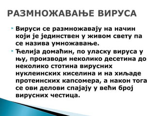  Вируси се размножавају на начин
који је јединствен у живом свету па
се назива умножавање.
 Ћелија домаћин, по уласку вируса у
њу, производи неколико десетина до
неколико стотина вирусних
нуклеинских киселина и на хиљаде
протеинских капсомера, а након тога
се ови делови спајају у већи број
вирусних честица.
 
