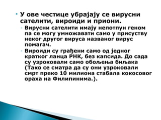  У ове честице убрајају се вирусни
сателити, вироиди и приони.
◦ Вирусни сателити имају непотпун геном
па се могу умножавати само у присуству
неког другог вируса названог вирус
помагач.
◦ Вироиди су грађени само од једног
кратког ланца РНК, без капсида. До сада
су узроковали само обољења биљака
(Тако се сматра да су они узроковали
смрт преко 10 милиона стабала кокосовог
ораха на Филипинима.).
 