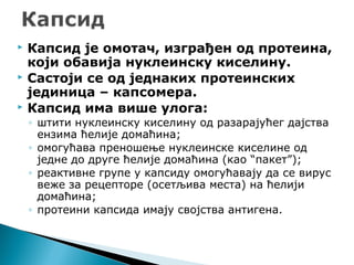  Капсид је омотач, изграђен од протеина,
који обавија нуклеинску киселину.
 Састоји се од једнаких протеинских
јединица – капсомера.
 Капсид има више улога:
◦ штити нуклеинску киселину од разарајућег дајства
ензима ћелије домаћина;
◦ омогућава преношење нуклеинске киселине од
једне до друге ћелије домаћина (као “пакет”);
◦ реактивне групе у капсиду омогућавају да се вирус
веже за рецепторе (осетљива места) на ћелији
домаћина;
◦ протеини капсида имају својства антигена.
 