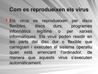 Com es reprodueixen els virus Els virus es reprodueixen per discs flexibles, discs durs, programes informàtics legítims o per xarxes informàtiques. Els virus poden residir en les parts del disc dur o flexible que carreguen i executen el sistema operatiu quan està arrencant l’ordinador, de manera que aquests virus s’executen automàticament. 