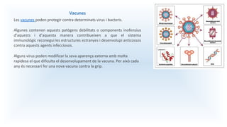Vacunes
Les vacunes poden protegir contra determinats virus i bacteris.
Algunes contenen aquests patògens debilitats o components inofensius
d’aquests i d’aquesta manera contribueixen a que el sistema
immunològic reconegui les estructures estranyes i desenvolupi anticossos
contra aquests agents infecciosos.
Alguns virus poden modificar la seva aparença externa amb molta
rapidesa el que dificulta el desenvolupament de la vacuna. Per això cada
any és necessari fer una nova vacuna contra la grip.
 