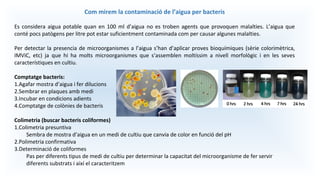 Com mirem la contaminació de l’aigua per bacteris
Es considera aigua potable quan en 100 ml d’aigua no es troben agents que provoquen malalties. L’aigua que
conté pocs patògens per litre pot estar suficientment contaminada com per causar algunes malalties.
Per detectar la presencia de microorganismes a l’aigua s’han d’aplicar proves bioquímiques (sèrie colorimètrica,
IMViC, etc) ja que hi ha molts microorganismes que s’assemblen moltíssim a nivell morfològic i en les seves
característiques en cultiu.
Comptatge bacteris:
1.Agafar mostra d’aigua i fer dilucions
2.Sembrar en plaques amb medi
3.Incubar en condicions adients
4.Comptatge de colònies de bacteris
Colimetria (buscar bacteris coliformes)
1.Colimetria presuntiva
Sembra de mostra d’aigua en un medi de cultiu que canvia de color en funció del pH
2.Polimetria confirmativa
3.Determinació de coliformes
Pas per diferents tipus de medi de cultiu per determinar la capacitat del microorganisme de fer servir
diferents substrats i així el caracteritzem
 