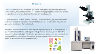 Els bacteris
Els bacteris son ésser vius autònoms que tenen el seu propi metabolisme i fisiologia.
Com nosaltres, necessiten alimentar-se i obtenir energia per poder sobreviure. Només
es reprodueixen si les condicions ambientals són les adequades.
La gran majoria de bacteris estan a l’ambient i no als éssers vius, per això normalment
no causen danys a les persones i inclús hi ha bacteris que aporten beneficis, com les
que tenim als intestins (flora intestinal).
Una de las principals diferències entre aquests agents infecciosos és el seu tamany, ja
que “els bacteris son fins a cent vegades més grans que els virus”, el seu diàmetre
aproximat està entre 0,6 y 1 micròmetre (µm), de manera que es poden veure amb un
microscopi òptic, mentre que els virus, de tamany notablement menor, només es
poden detectar amb microscòpia electrònica.
 