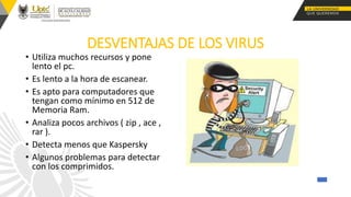 DESVENTAJAS DE LOS VIRUS
• Utiliza muchos recursos y pone
lento el pc.
• Es lento a la hora de escanear.
• Es apto para computadores que
tengan como mínimo en 512 de
Memoria Ram.
• Analiza pocos archivos ( zip , ace ,
rar ).
• Detecta menos que Kaspersky
• Algunos problemas para detectar
con los comprimidos.
 