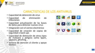 CARACTISTICAS DE LOS ANTIVIRUS
• Capacidad de detención de virus
• Capacidad de eliminación de
infecciones
• Capacidad actualización de las bases
de datos para detectar nuevos virus
• Integración con el correo electrónico
• Capacidad de creación de copias de
seguridad o back-ups
• Capacidad de detención de otros tipos
de malware y peligros como Spam,
spyware, phishing…
• Servicio de atención al cliente y apoyo
técnico
 