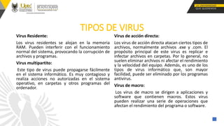 TIPOS DE VIRUS
Virus Residente:
Los virus residentes se alojan en la memoria
RAM. Pueden interferir con el funcionamiento
normal del sistema, provocando la corrupción de
archivos y programas.
Virus multipartito:
Este tipo de virus puede propagarse fácilmente
en el sistema informático. Es muy contagioso y
realiza acciones no autorizadas en el sistema
operativo, en carpetas y otros programas del
ordenador.
Virus de acción directa:
Los virus de acción directa atacan ciertos tipos de
archivos, normalmente archivos .exe y .com. El
propósito principal de este virus es replicar e
infectar archivos en carpetas. Por lo general, no
suelen eliminar archivos ni afectar el rendimiento
y la velocidad del equipo. Además, es uno de los
tipos de virus informático que, son mayor
facilidad, puede ser eliminado por los programas
antivirus.
Virus de macro:
Los virus de macro se dirigen a aplicaciones y
software que contienen macros. Estos virus
pueden realizar una serie de operaciones que
afectan el rendimiento del programa o software.
 