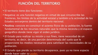 FUNCIÓN DEL TERRITORIO
• El territorio tiene dos funciones:
• Negativa: es una función negativa en virtud de que circunscribe las
fronteras, los límites de la actividad estatal y también a la actividad de los
Estados extranjeros dentro del territorio nacional.
• Positiva: consiste en constituir el asiento físico de su población, la fuente
fundamental de los recursos naturales que la misma necesita y el espacio
geográfico donde tiene vigor el orden jurídico.
• El Estado para realizar su misión y sus fines, tiene necesidad de un
territorio, es decir, de una porción determinada del suelo que le
proporcione los medios necesarios para satisfacer las necesidades de su
población.
• El Estado que pierde su territorio desaparece, pues ya no tiene espacio
donde hacer valer su poder.
 