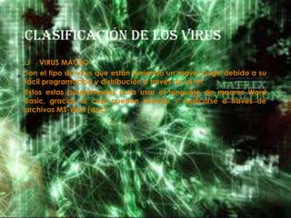 Clasificación de los virus
    VIRUS MACRO
Son el tipo de virus que están teniendo un mayor auge debido a su
fácil programación y distribución a través de la ret.
Estos estas programados para usar el lenguaje de macros Word
Basic, gracias al cual pueden infectar y replicarse a través de
archivos MS-Wort (doc)
 