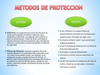 PASIVOS

ACTIVOS

Antivirus: son programas que tratan de descubrir las
trazas que ha dejado un software malicioso, para
detectarlo y eliminarlo, y en algunos casos contener o
parar la contaminación. Tratan de tener controlado el
sistema mientras funciona parando las vías conocidas de
infección y notificando al usuario de posibles incidencias
de seguridad.

Filtros de ficheros: consiste en generar filtros de
ficheros dañinos si el computador está conectado a una
red. Estos filtros pueden usarse, por ejemplo, en el
sistema de correos o usando técnicas de firewall. En
general, este sistema proporciona una seguridad donde no
se requiere la intervención del usuario, puede ser muy
eficaz, y permitir emplear únicamente recursos de forma
más selectiva

Evitar introducir a tu equipo medios de
almacenamiento extraíbles que consideres que
pudieran estar infectados con algún virus.
No instalar software "pirata", pues puede tener
dudosa procedencia.
No abrir mensajes provenientes de una dirección
electrónica desconocida.
No aceptar e-mails de desconocidos.
Informarse y utilizar sistemas operativos más
seguros.
No abrir documentos sin asegurarnos del tipo de
archivo. Puede ser un ejecutable o incorporar
macros en su interior.

 