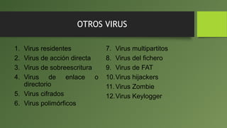OTROS VIRUS
1. Virus residentes
2. Virus de acción directa
3. Virus de sobreescritura
4. Virus de enlace o
directorio
5. Virus cifrados
6. Virus polimórficos
7. Virus multipartitos
8. Virus del fichero
9. Virus de FAT
10.Virus hijackers
11.Virus Zombie
12.Virus Keylogger
 